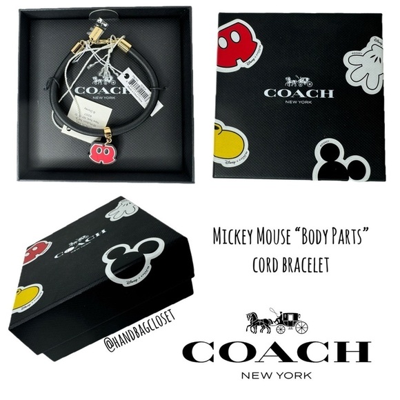 Coach Mickey Mouse Body Parts Shorts Leather Black Cord Bracelet in Box F86790 - Picture 1 of 10